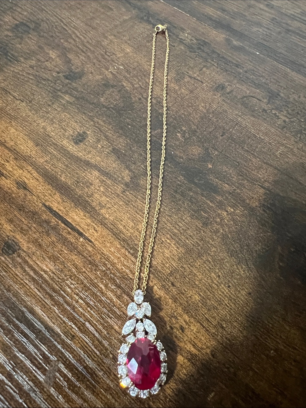 Gold-Tone Necklace with Deep Red Teardrop Pendant